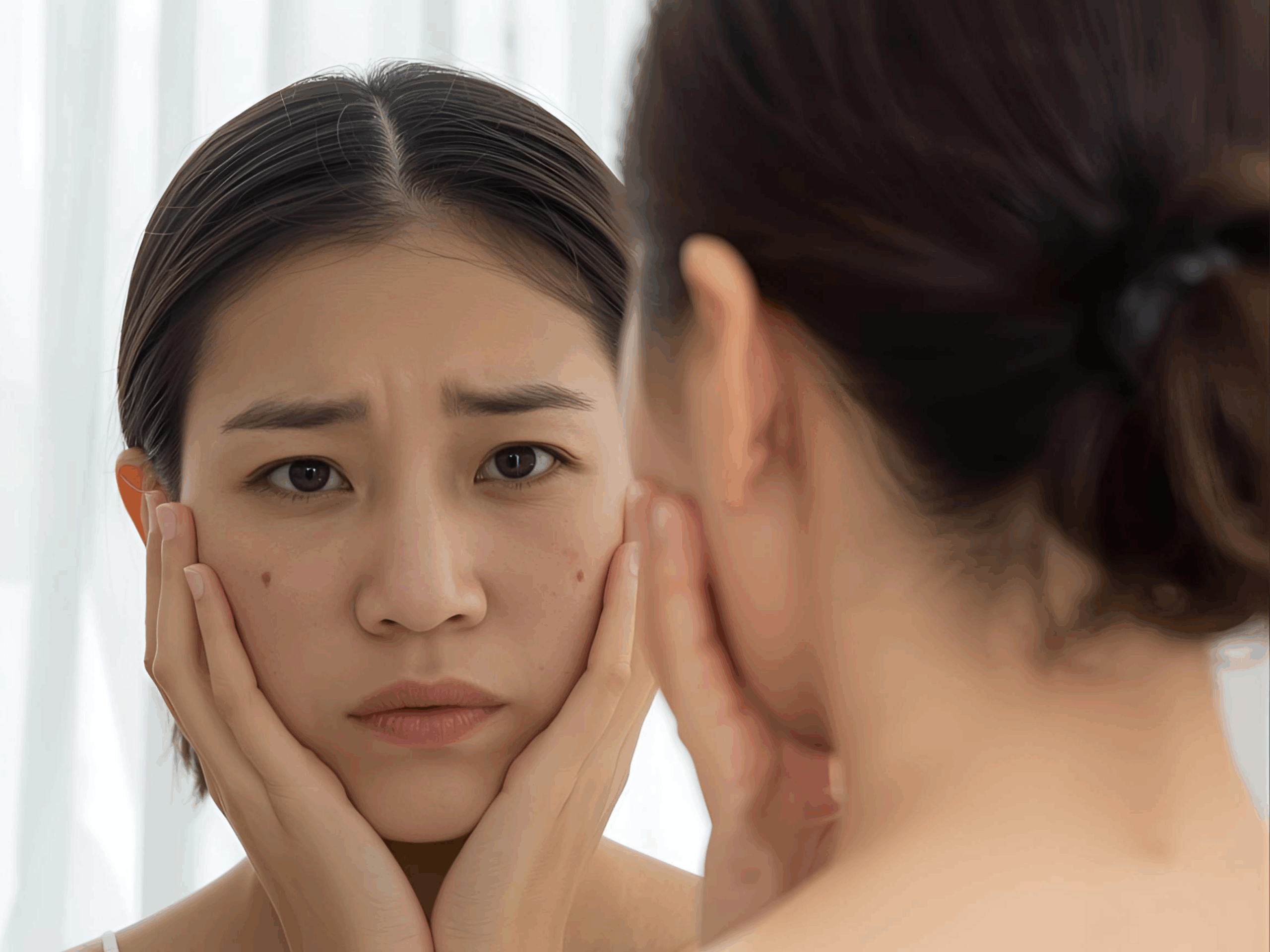 たるみ、ほうれい線、ニキビ、シミに悩む30代女性